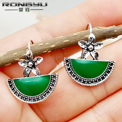 2019 rongyu new retro jade green, imitation jade medullary jasper earrings 925 ancient plating silver flower earrings wholesale