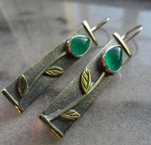 Rongyu hot sale jasper green synthetic gemstone earrings creative flowers retro bronze earrings