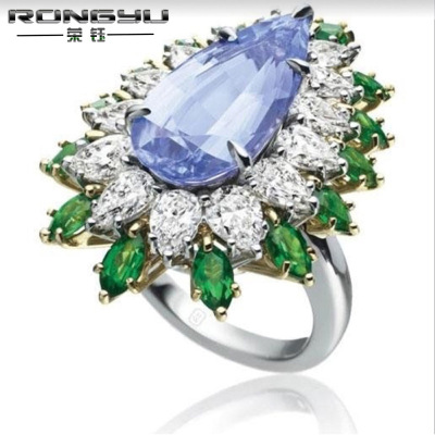 Rongyu 2019 new exaggerated ring inlaid hyland drop zircon green crystal luxury ring