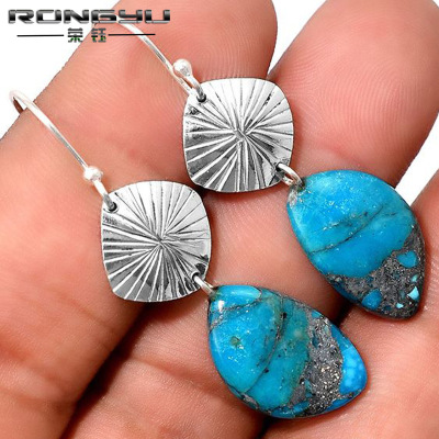 Rongyu Wish New Arrival Hot Sale European and American Vintage Thai Silver Earrings Korean Fashion Blue Gold Glitter Stone Leaf-Shaped Earring