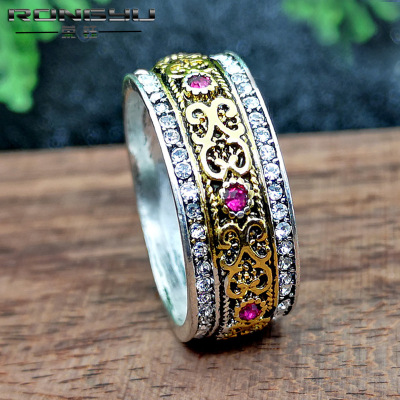 Rongyu Vintage Engraving Bohemian Style Ring European and American Fashion High-End Rhinestone-Encrusted 18K Gold Plated Color Separation Ring