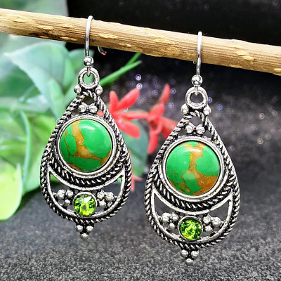 Rongyu Wish New Vintage Thai Silver-Plated Dragon Crystal Turquoise Earrings European and American Fashion Diamond-Embedded Court Ear Rings