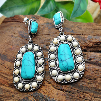Rongyu cross border new 925 silver plated turquoise earrings European and American popular set with natural turquoise