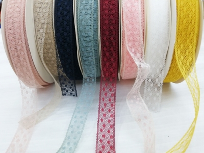 Dotted yarn with flower packaging material ribbon bow material, a checking