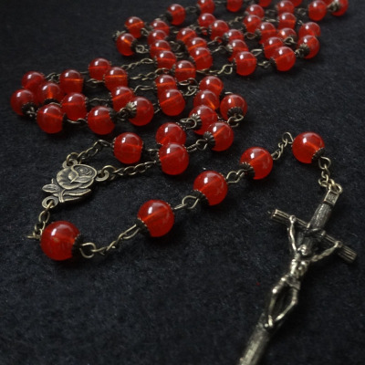 Catholic Christian bronze European and American antique red glass beads cross jewelry rosary necklace