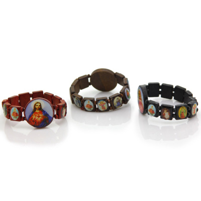 Religious Catholic Ornament Wooden Icon Dripping Oil Stretch Watch-Shaped Beaded Rosary Bracelet