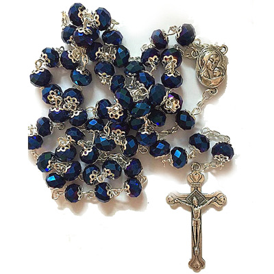 Blue receptacle crystal rosary cross necklace prayer beads religious ornament