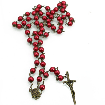 Stone red pearl rosary necklace jewelry cross Catholic religious prayer supplies
