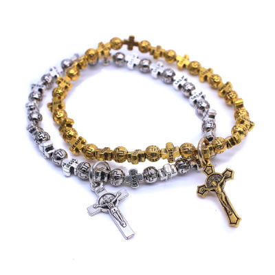 Alloy cross beads rosary bracelet Christian cross jewelry gold and silver optional 12.5g