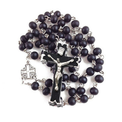 Catholic rosary black wooden beads holy father, holy mother cross religious necklace