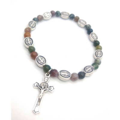 Natural stone agate holy cross rosary bracelet strand bracelet 9g