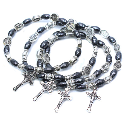Christian icon black bead cross bracelet hand beads rosary 12.5g