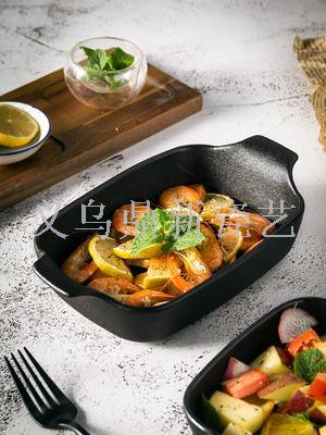 Imitation cast frosted black ceramic cutlery, double ear oven bowl, cheese casserole, western dish