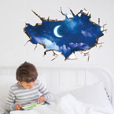 Wall paste factory wholesale 3D beautiful sky moon broken Wall paste bedroom background can remove Wall paste