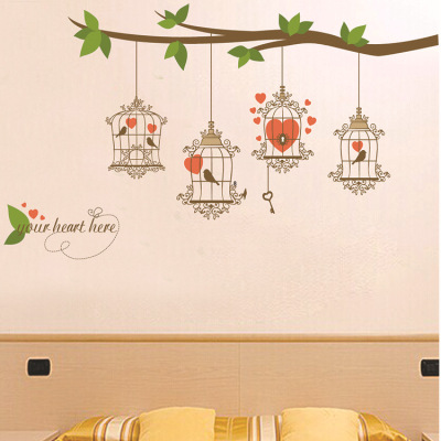 Three Generations Removable Cartoon Wall Stickers Children's Room Kindergarten Background Wall Sticker Decoration Bird Cage on Branches