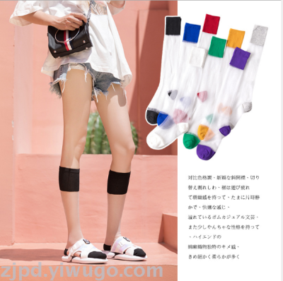 Spring and summer new Korean version of lady calf socks card silk stockings transparent personality glass silk and knee 