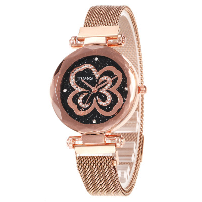 Wechat business hot style star diamond face rose flower mesh with quartz watch foreign trade hot magnet wholesale