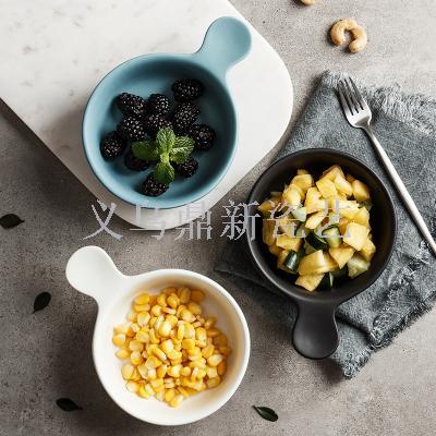 Nordic matte creative ceramic handle baking tray household salad bowl with handle western dessert bowl cake tray