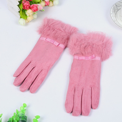 New Cashmere Fashion Women's Chicken Feather Rabbit Fur Mouth Warm Touch Screen Gloves Riding Cotton Gloves Factory Wholesale
