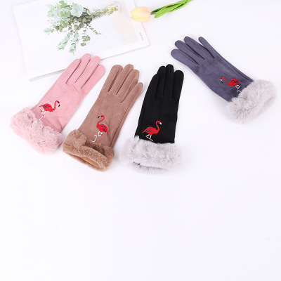 Autumn and Winter New Thickened Touch Screen Female Cartoon Embroidered Flamingo Gloves Outdoor Keep Warm Riding Gloves
