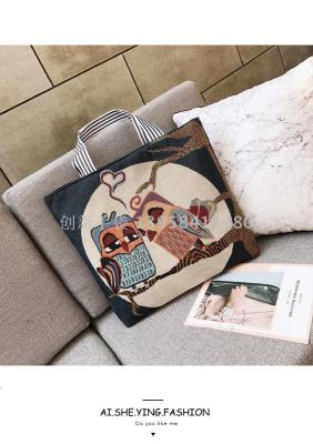 Wholesale 2019 new hot shot canvas jacquard cloth bags supermarket shopping bags cartoon embroidered single shoulder large capacity \"women 's bags