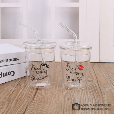 Couple cups home set heat-resistant juice web celebrity transparent glass straw with a lid creative fashion