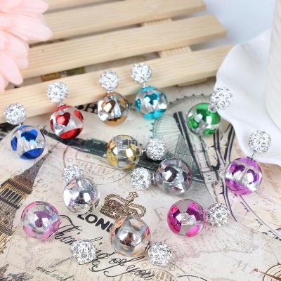 Colorful transparent glass ball with two sides wearing ear studs imitation zircon crown ear studs Korean temperament anti-peanut ear studs