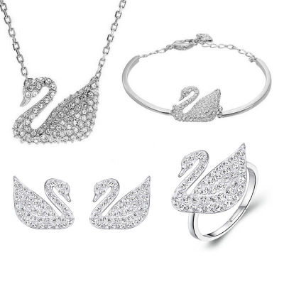 European and American Jewelry Best-Seller on Douyin Crystal Earrings Necklace Ring Bracelet Four-Piece Swan Set Factory Direct Sales