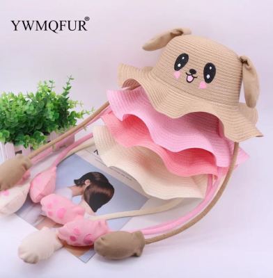 Douyin with a moving rabbit ears straw hat children children cute fisherman hat baby summer sun shade hat