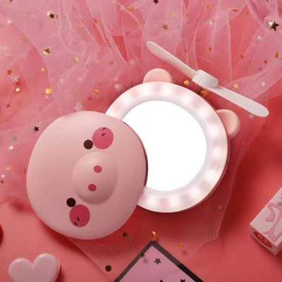 New cartoon piggy makeup mirror charging fan LED lamp pocket fan easy to carry outdoors in summer