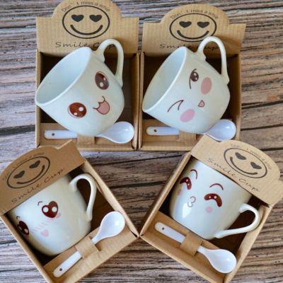 Creative Porcelain Cup Mug with Spoon Cartoon Couple Advertising Cup Custom Logo Factory Direct Sales