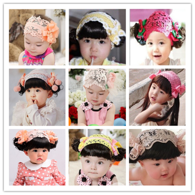 Korean version of children's hair with baby wig bangs hair with lace headdress princess embroidery hair net cover 0-3 years old