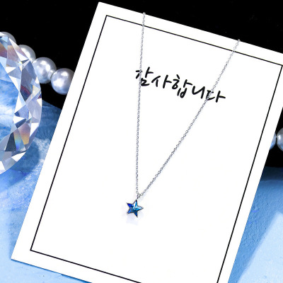 Fresh Azure Crystal Mini Cute Pentagram Small Star S925 Short Silver Necklace Choker Thin Women