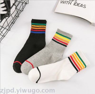 New socks women's cotton fashion ladies college wind rainbow stripe tube socks wholesale