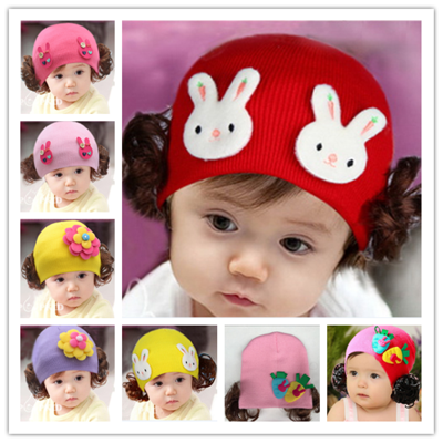 Hot style children hats baby autumn and winter flowers rabbit warm hats baby wigs girl head hats wholesale