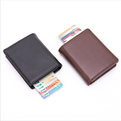 Supply men's multi-function real pickup bag coon leather short wallet RFID shield card clip aluminum alloy card bag