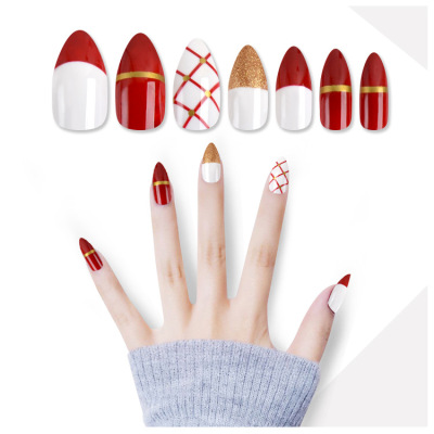 Finished Nail Beauty 28 Pieces Finished Product Fake Nail Tip Nail Shaped Piece Color Printing Pointed Wearable Nail Shaped Piece