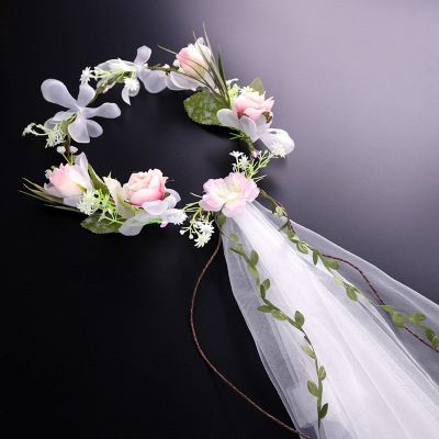 Manufacturers direct rice white mesh garland European roses simulation flower wedding veil bride Hawaii photo tiara