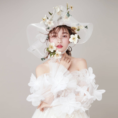 Foreign trade bridal headwear stage performance top hat studio vintage lace hat sen wedding hair accessories wide - brimmed gauze hat
