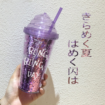 Creative cream straw flash double-layer cup custom pattern LOGO advertising gifts wholesale manufacturers