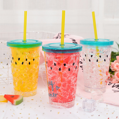 Watermelon Summer Ice Glass Plastic Cup Couple Internet Celebrity Ins Cup with Straw Ice Cup in Stock