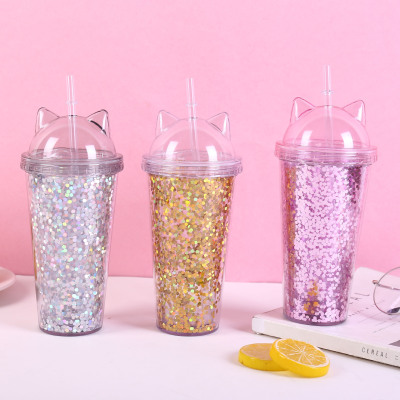water botterCreative cat ear glitter flash cup with double sippy cup manufacturers wholesale cups