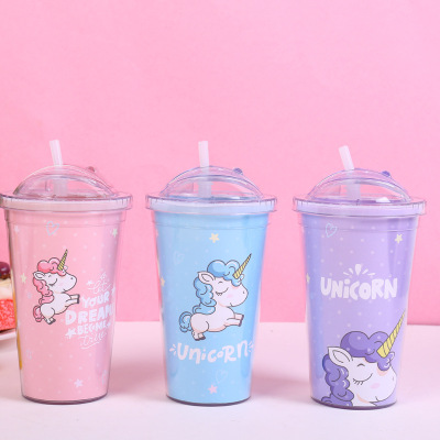 Plastic straw cup unicorn slide cover double cup ins girl heart casual cup manufacturers wholesale custom LOGO