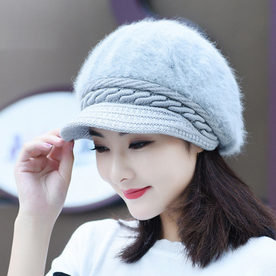 Autumn and Winter Korean Style plus Fluff Hat Double Layer Earflaps Warm Girl's Cap Rabbit Fur Knitted Hat Bow Beret Peaked Cap