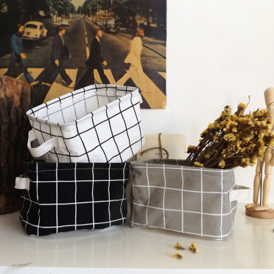 Cotton and linen grid storage basket portable waterproof bath basket office desktop storage box sundry basket