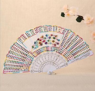 Manufacturers direct sequined fan color pole peacock tail lady folding fan dance fan lady fan gift fan plastic fan