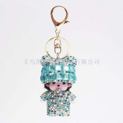 Factory Direct Sales Fashion Rhinestone Monchic Keychain Small Ear Cap Cute Doll Activity Small Gift Pendant