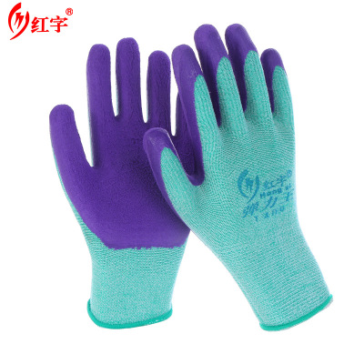 The Red letter elastic wang 13 needle latex foaming labor protection gloves anti - slip breathable dip wear - resistant gloves work protection