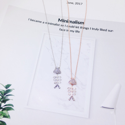 Simple All-Match Japanese and Korean New Personalized Pendant Women's Necklace Micro Rhinestone Zircon Fishbone Clavicle Chain Factory Direct Sales