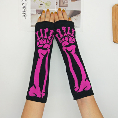 Halloween Skull Arm Sleeve Autumn and Winter Personalized Knitted Ghost Claw Oversleeve Fluorescent Contrast Color Universal Half Finger Gloves Couple